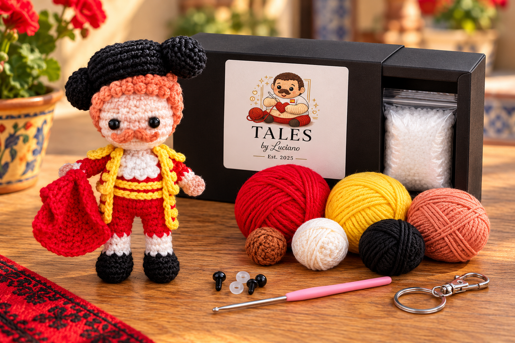 Spanish Matador Crochet Keychain With Red Cape And Golden Details