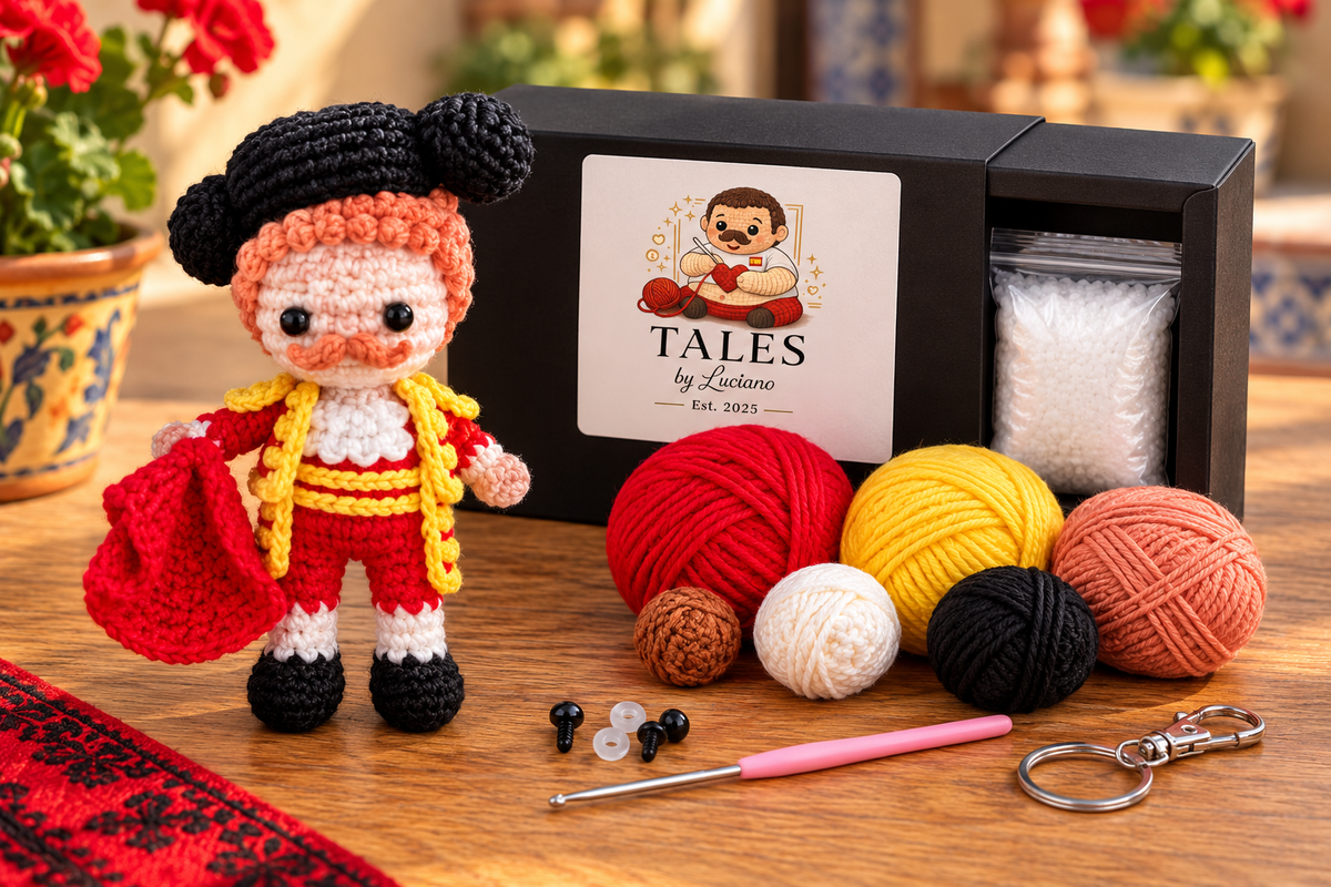Spanish Matador Crochet Keychain With Red Cape And Golden Details